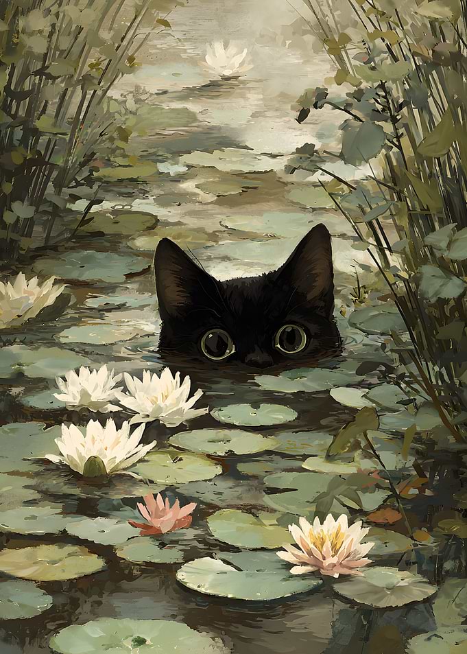 Black Cat in Lily Pond