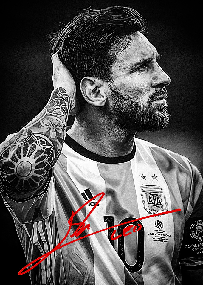 Lionel Messi Portrait with Signature