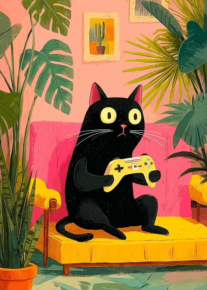 Black Cat Gamer Surrounded by Plants