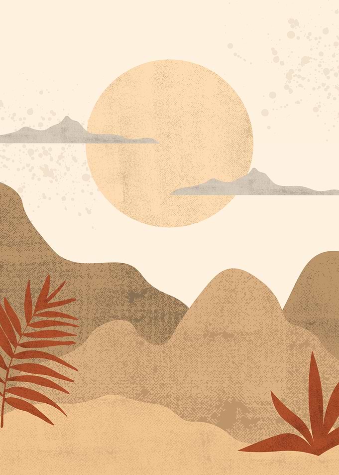 Minimalist Landscape with Sun and Mountains