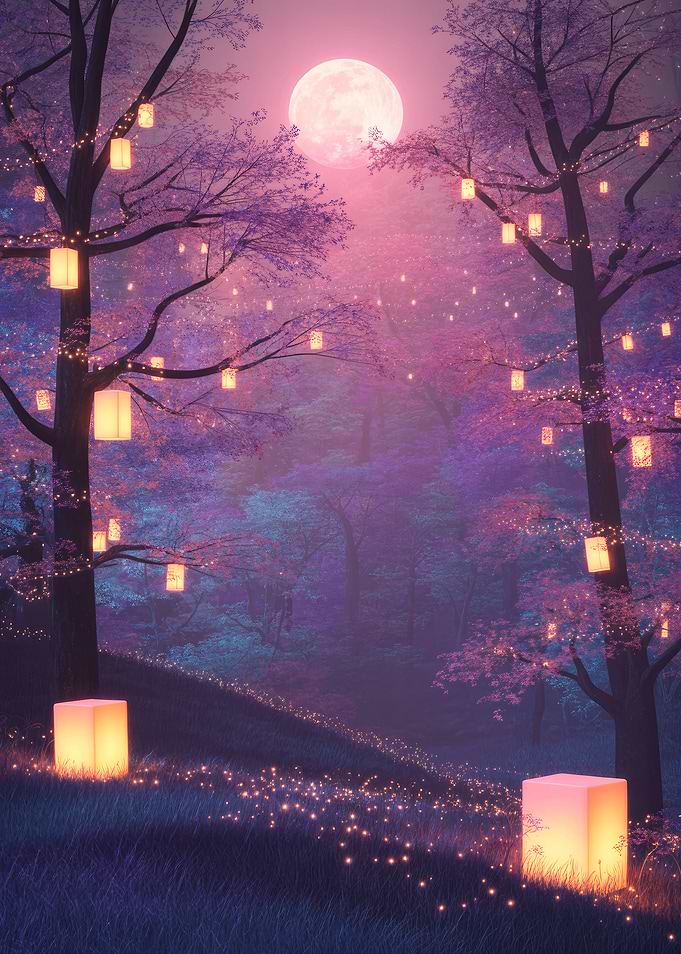 Enchanted Forest with Lanterns and Moon