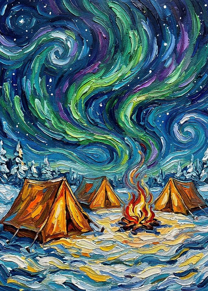 Aurora Borealis Camping Oil Painting