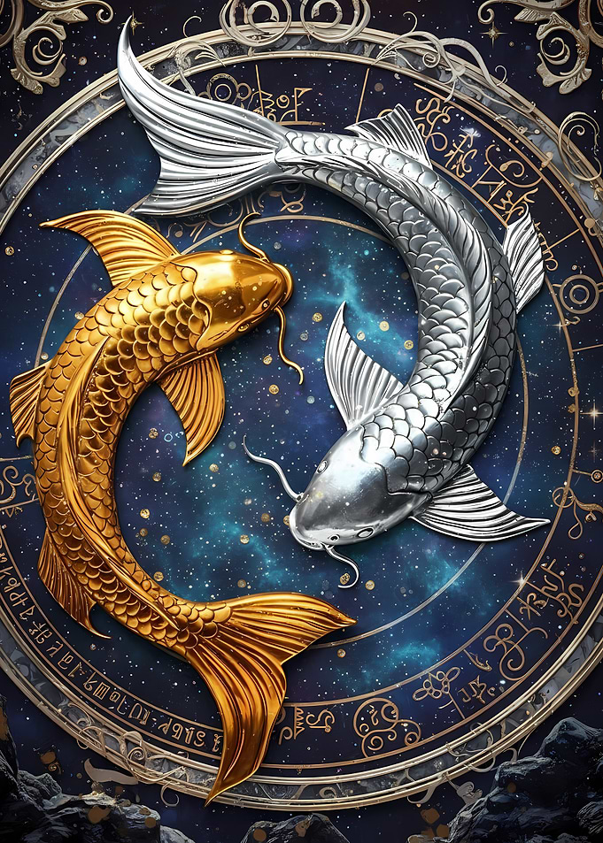 Pisces Zodiac Sign with Gold and Silver