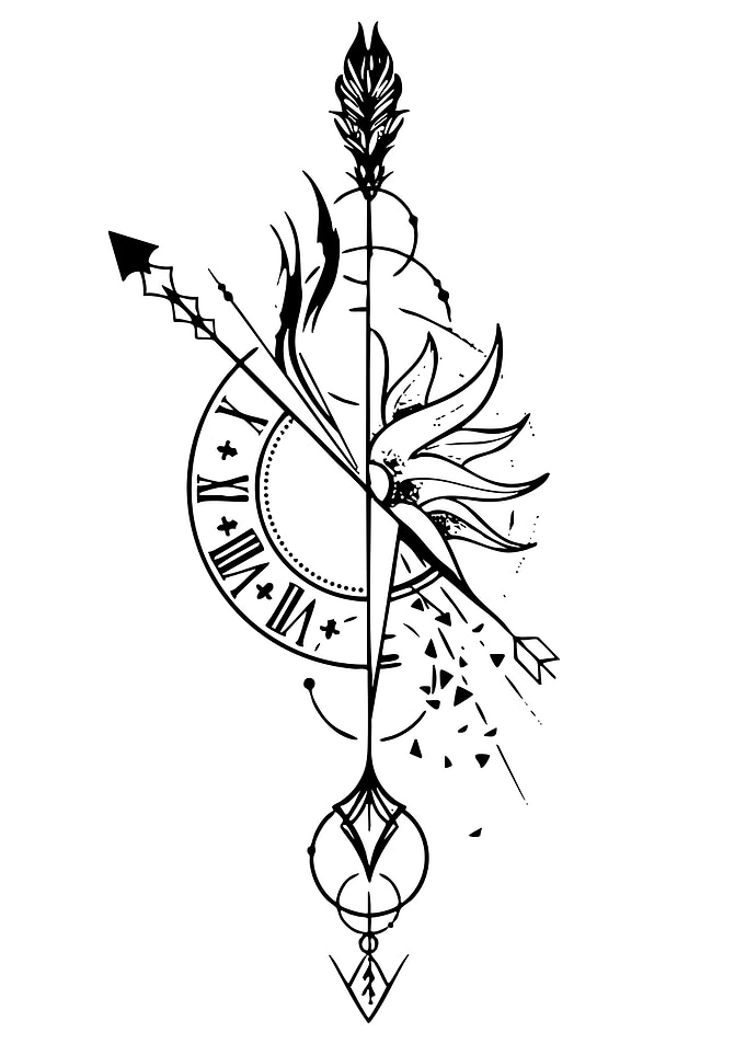 Arrow, Clock, and Sun Tattoo Design
