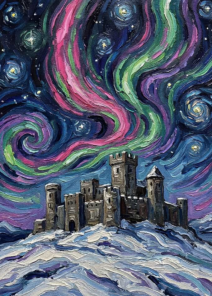 Castle under Aurora Borealis Painting