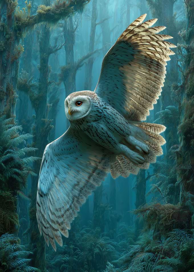 Moonlit Owl in Flight Through Forest