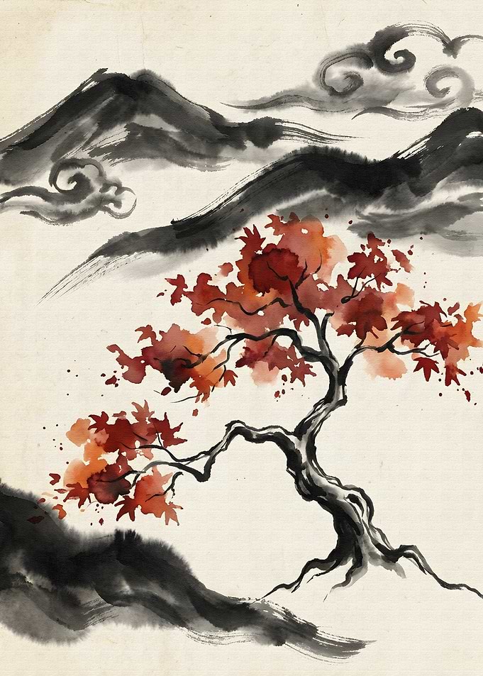 Japanese Ink Painting: Autumn Tree Landscape