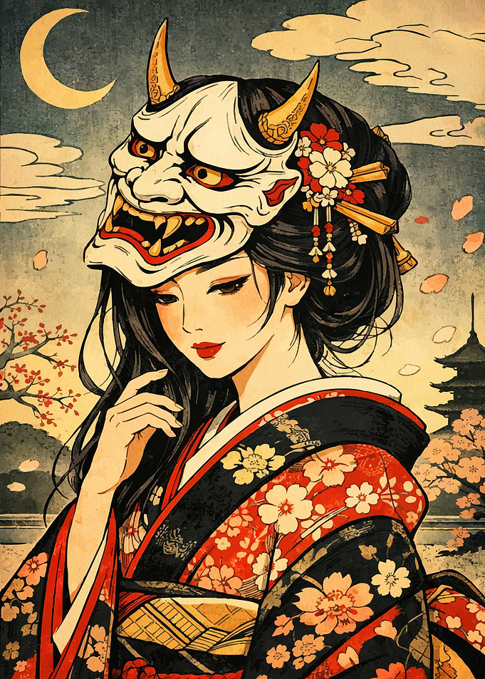 Japanese Woman with Oni Mask