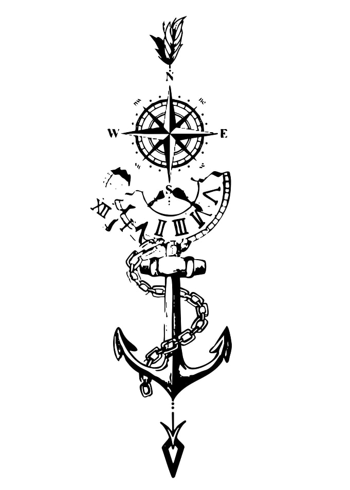 Anchor, Compass, and Clock Tattoo Design