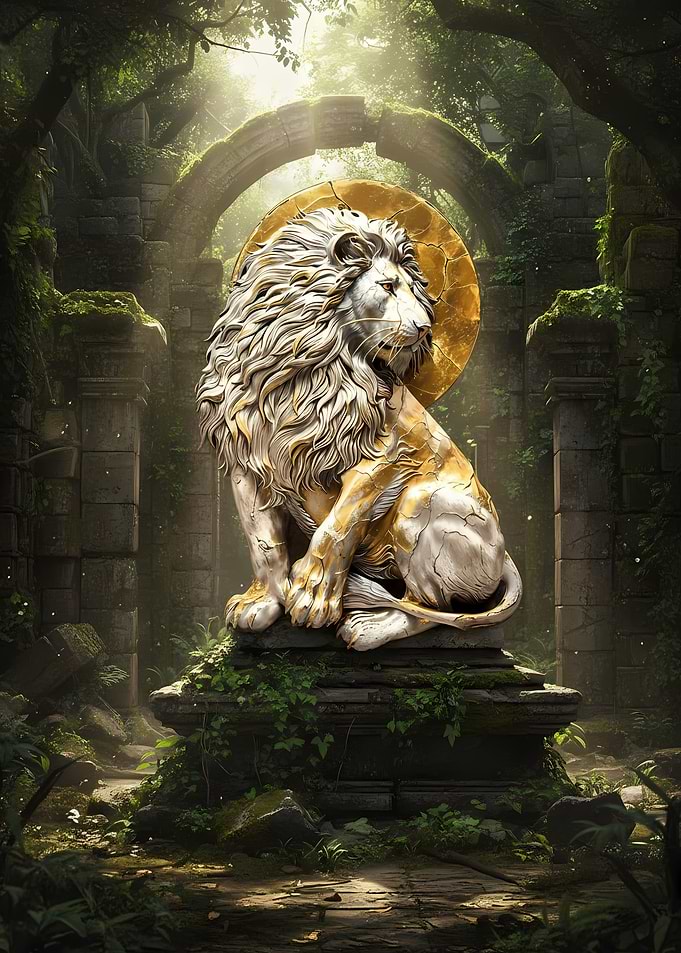 Golden Lion Statue in Ancient Ruins
