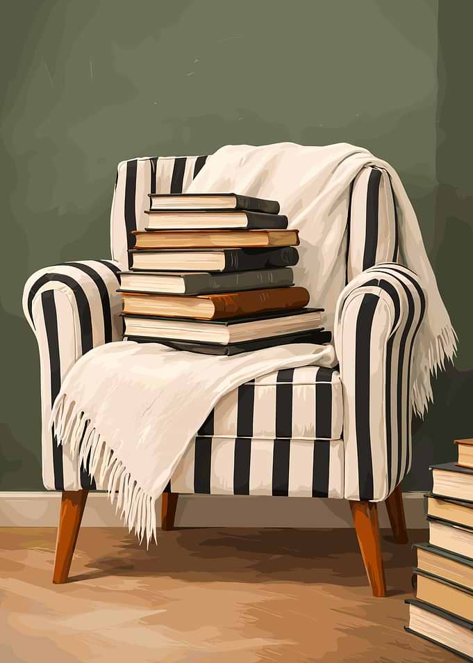 Striped Armchair with Books and Blanket
