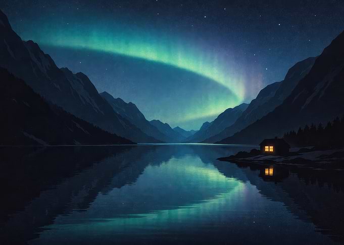 Aurora Borealis over Mountain Lake Cabin