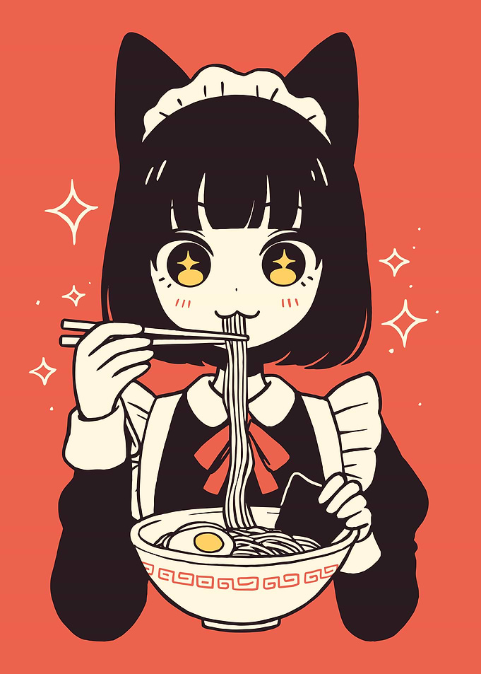 Anime Maid Eating Ramen Illustration