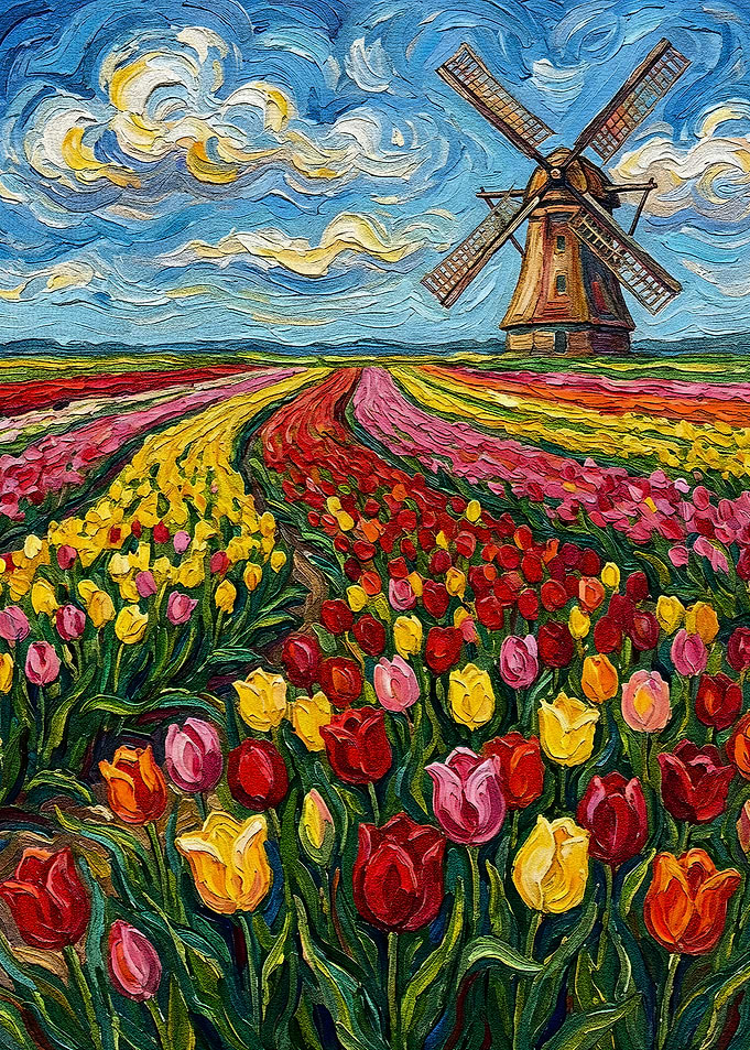 Tulip Field with Windmill Painting