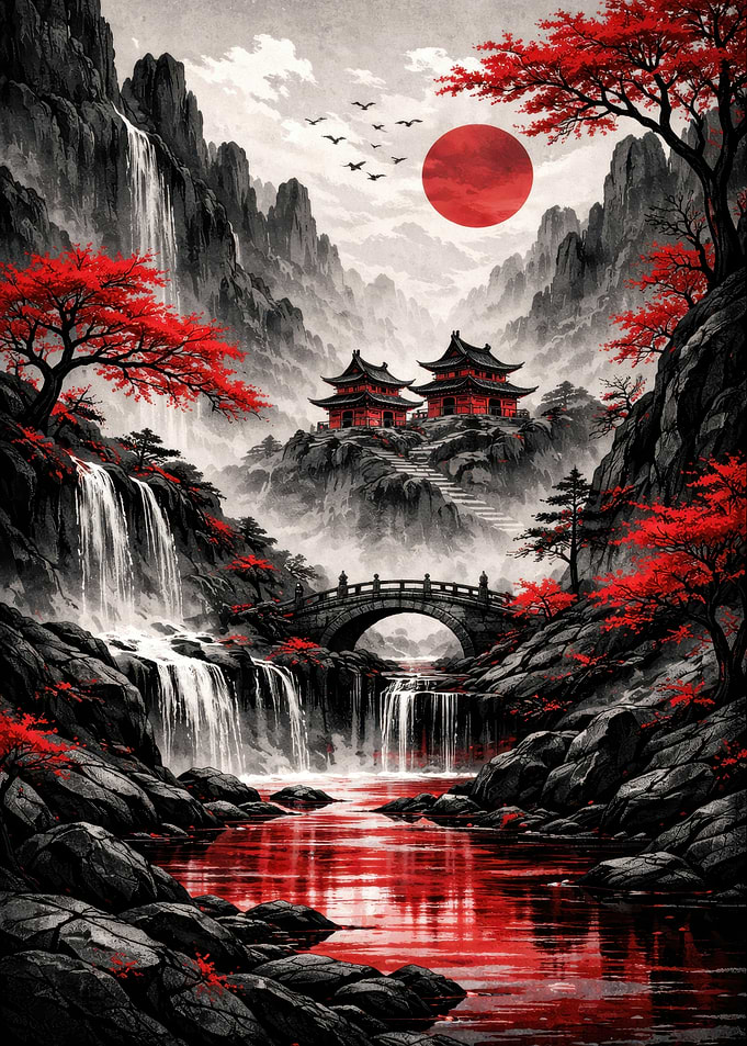 Japanese Landscape with Red Accents