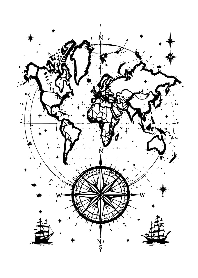 World Map with Compass and Ships