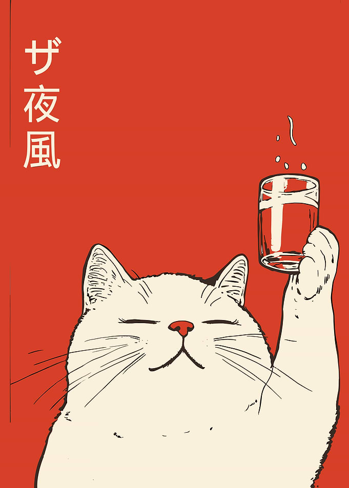 Cat with Drink Japanese Art