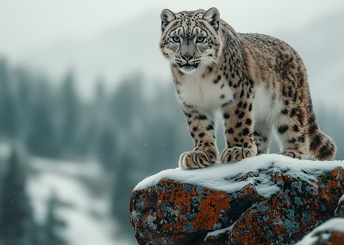 Snow Leopard on Snowy Rock