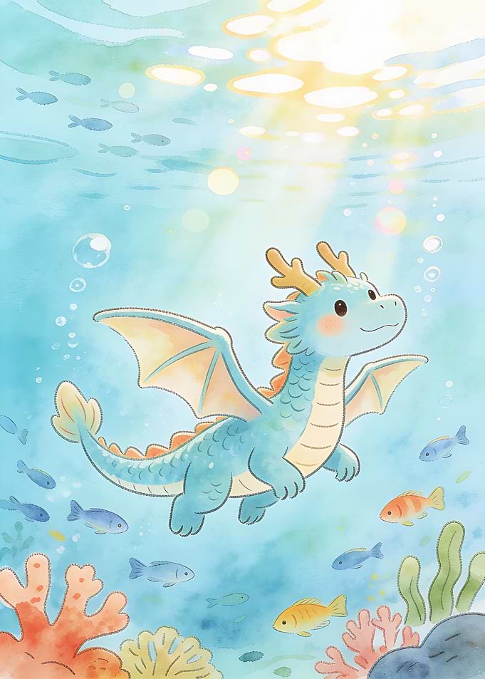 Cute Dragon Underwater Illustration