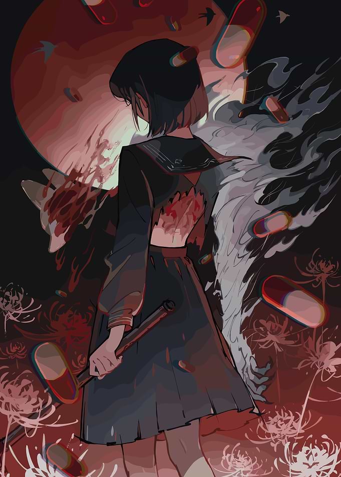 Fantasy Girl with Pills and Flowers