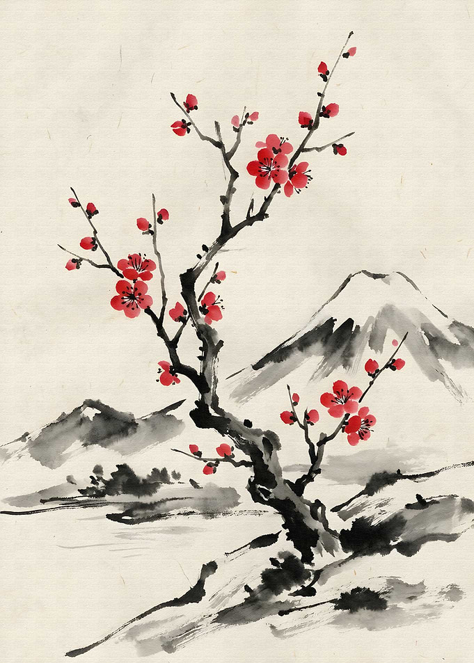 Japanese Plum Blossom and Mountain Ink
