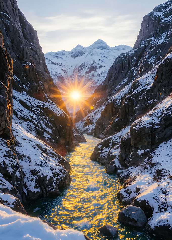Snowy Mountain River at Sunrise