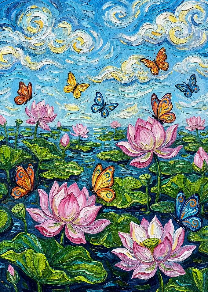 Lotus Flowers and Butterflies Painting