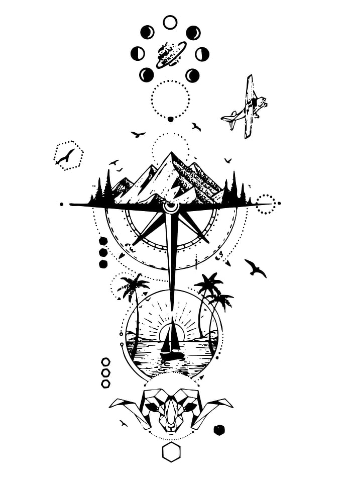 Black and White Travel Tattoo Design