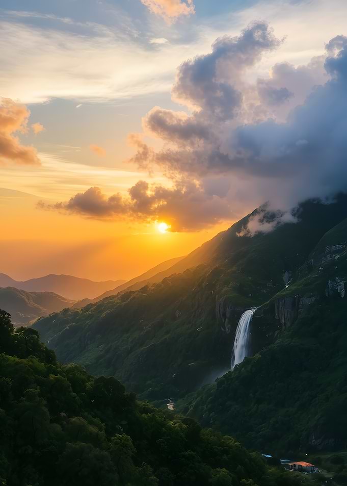 Mountain Waterfall at Sunset