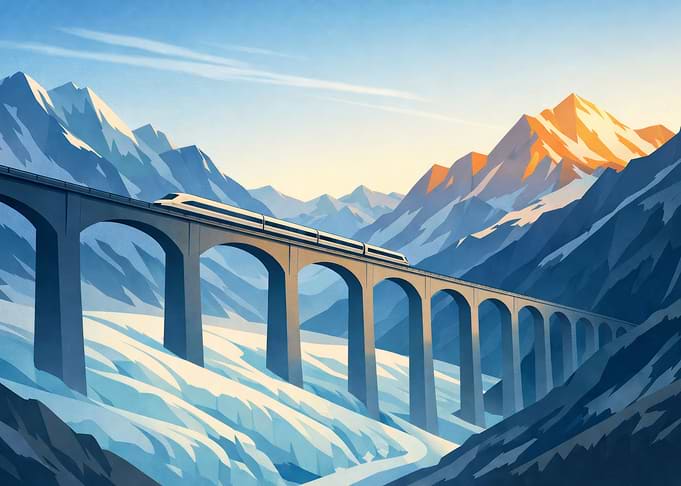 Train on Viaduct in Mountain Landscape