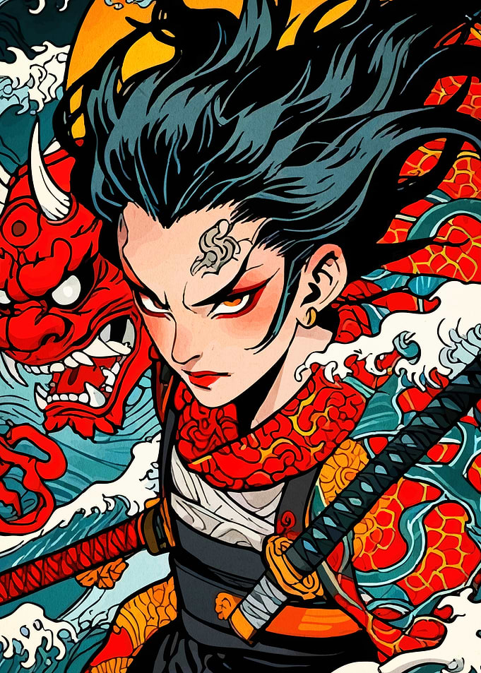 Samurai Warrior with Oni Mask Art