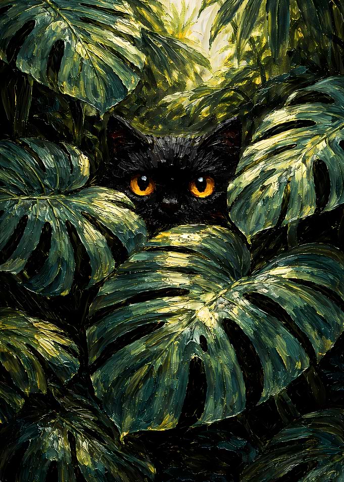Cute Black Cat Peeking from Forest - Black Cat Impasto Oil Painting Wall Art