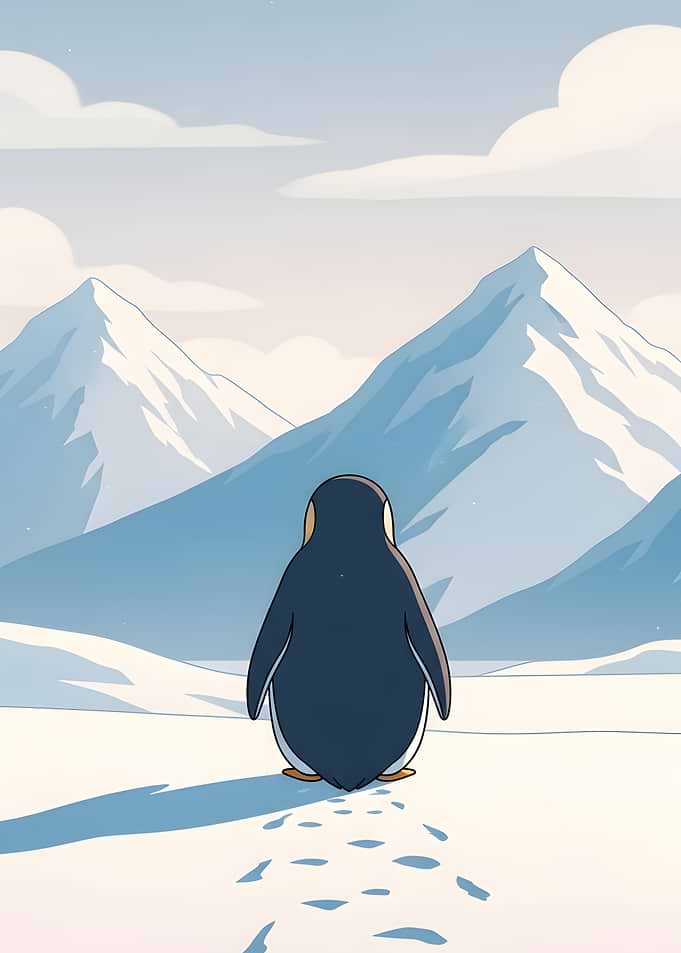 Penguin in Snowy Mountain Landscape