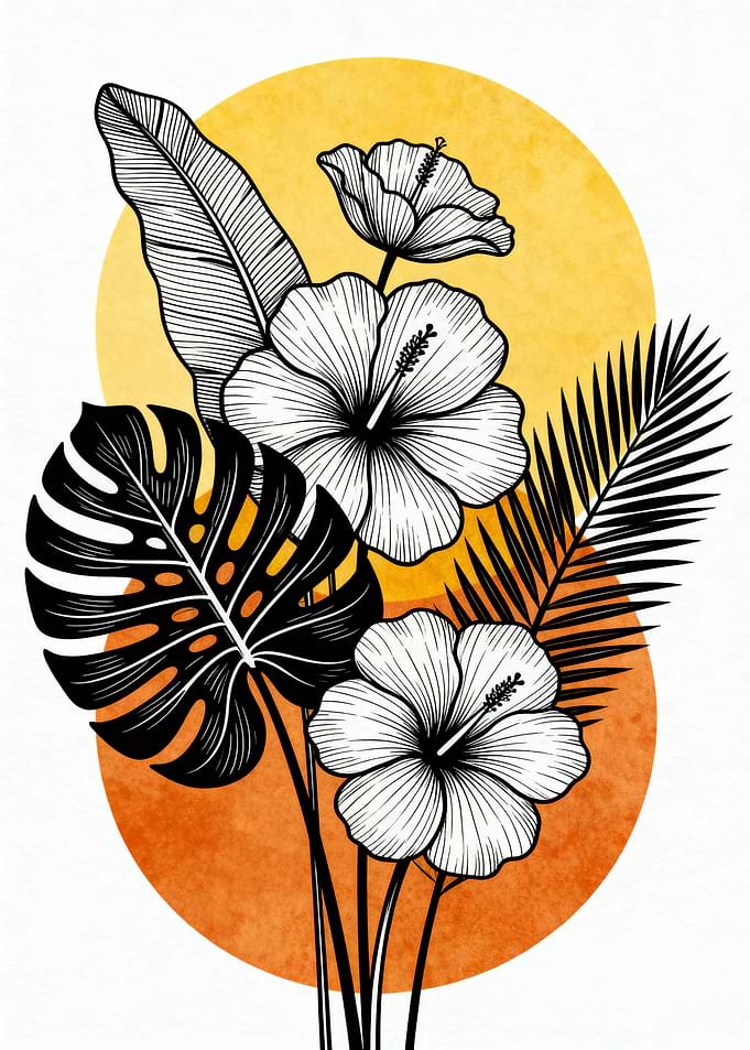 Tropical Flowers and Leaves Illustration
