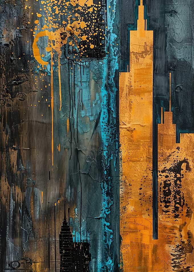 Abstract Cityscape Painting with Gold and Blue
