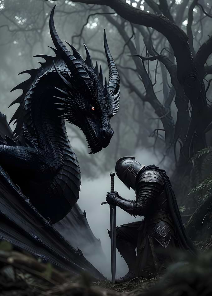 Knight and Dragon in Dark Forest