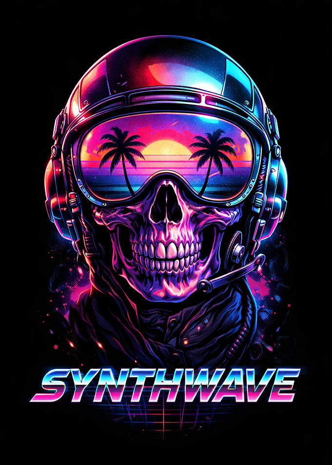 Synthwave Skull with Sunset Reflection