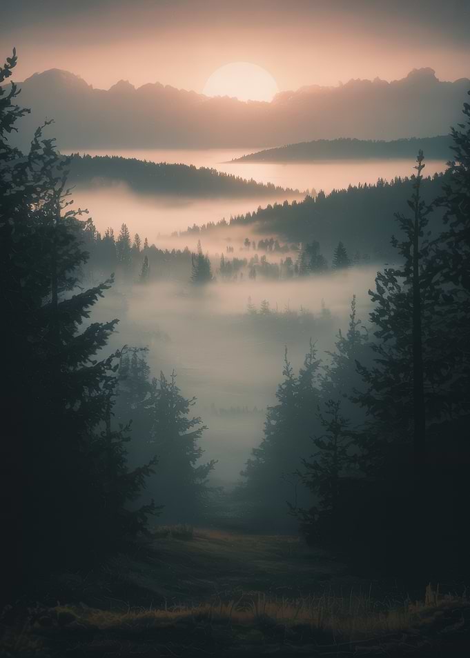 Misty Forest Sunrise Landscape