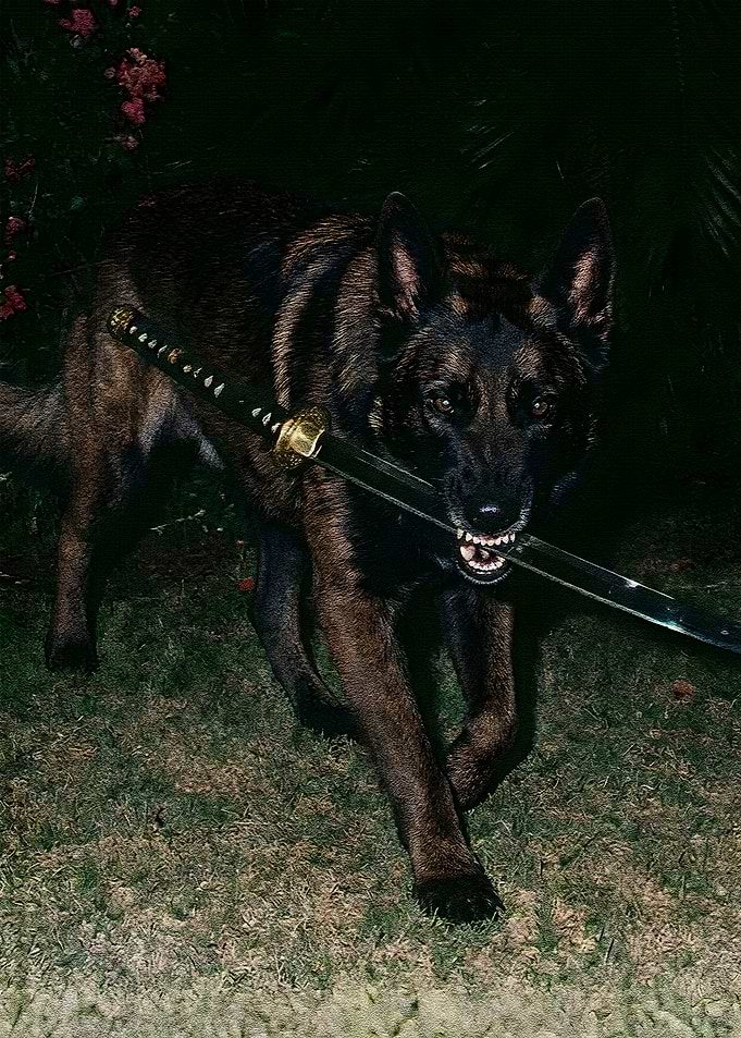 Dog with Katana in Mouth