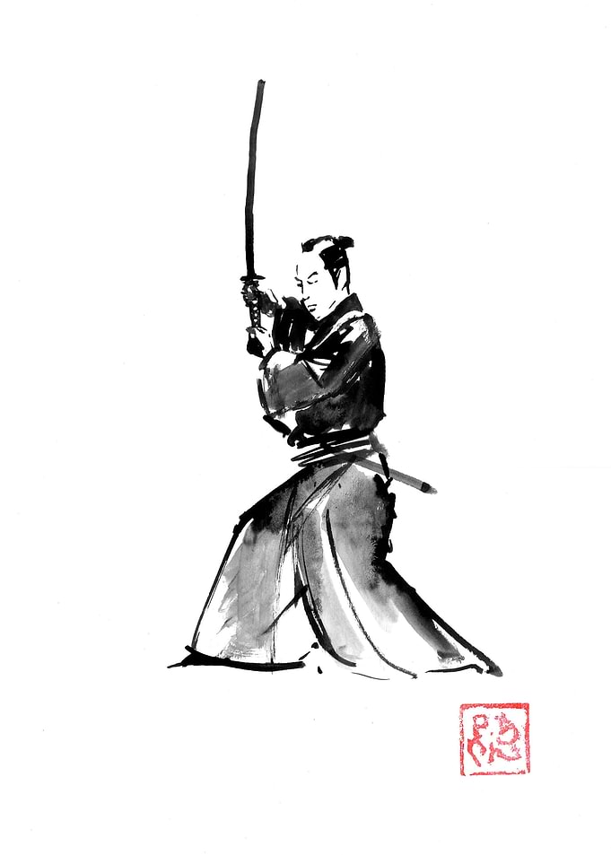 Samurai with Katana Ink Wash Painting