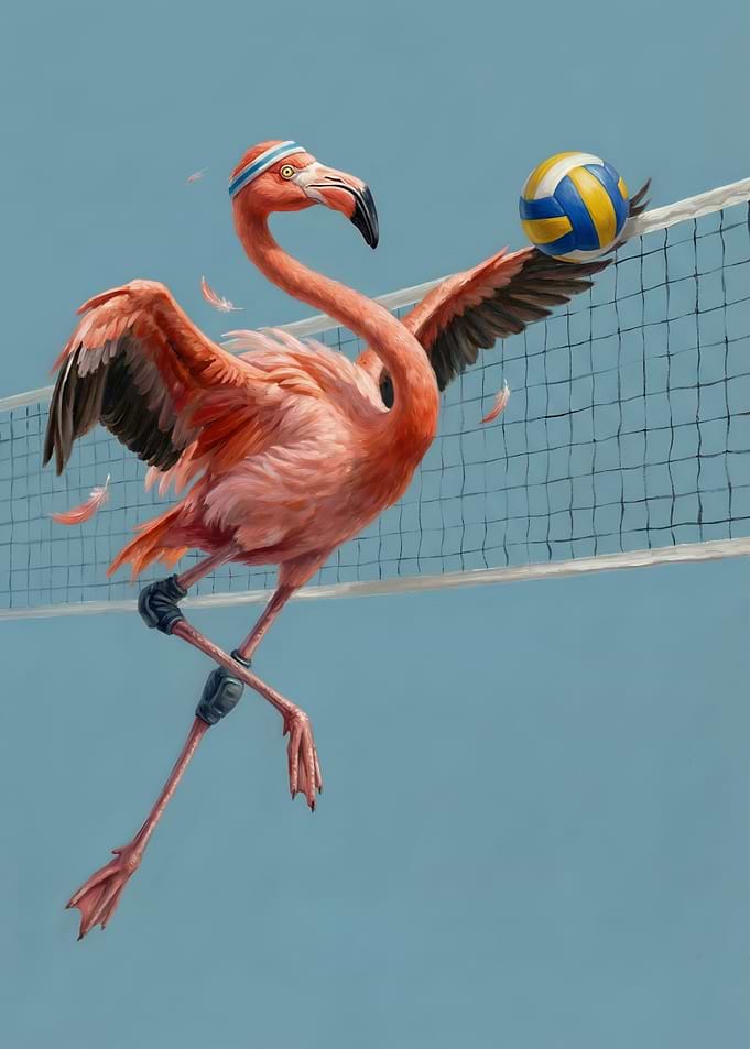 Flamingo playing volleyball