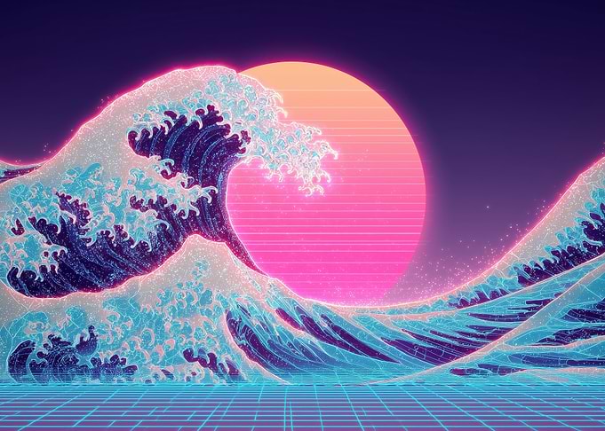 Synthwave Ocean Wave with Sunset