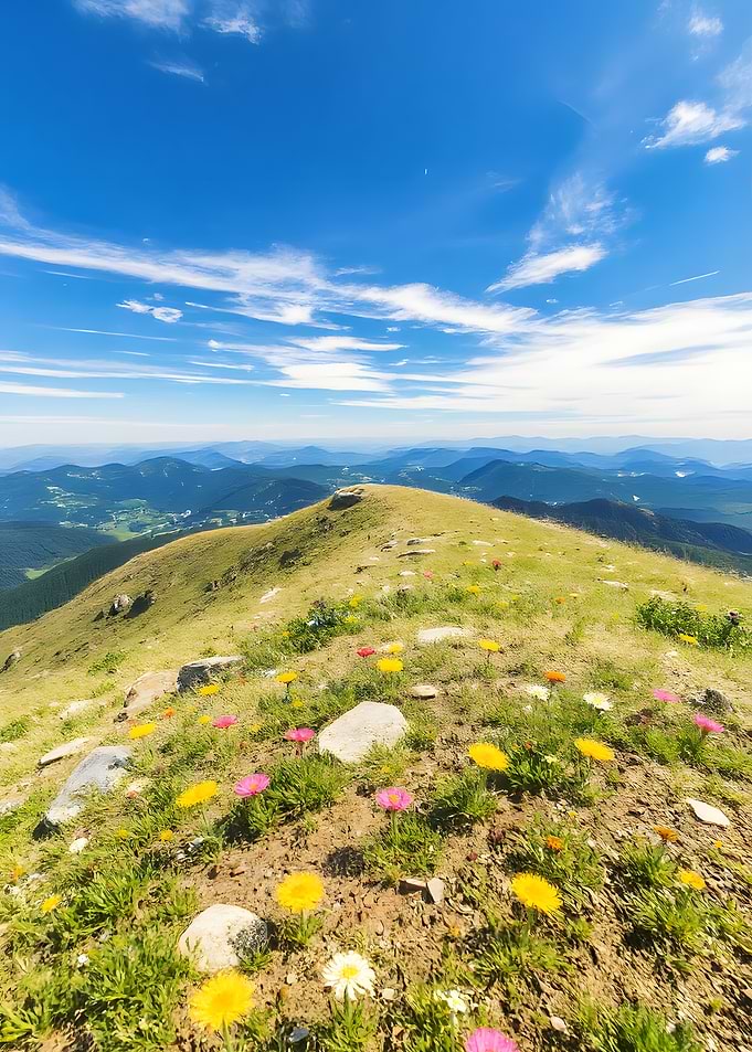 Mountain peak with flowers under blue sky