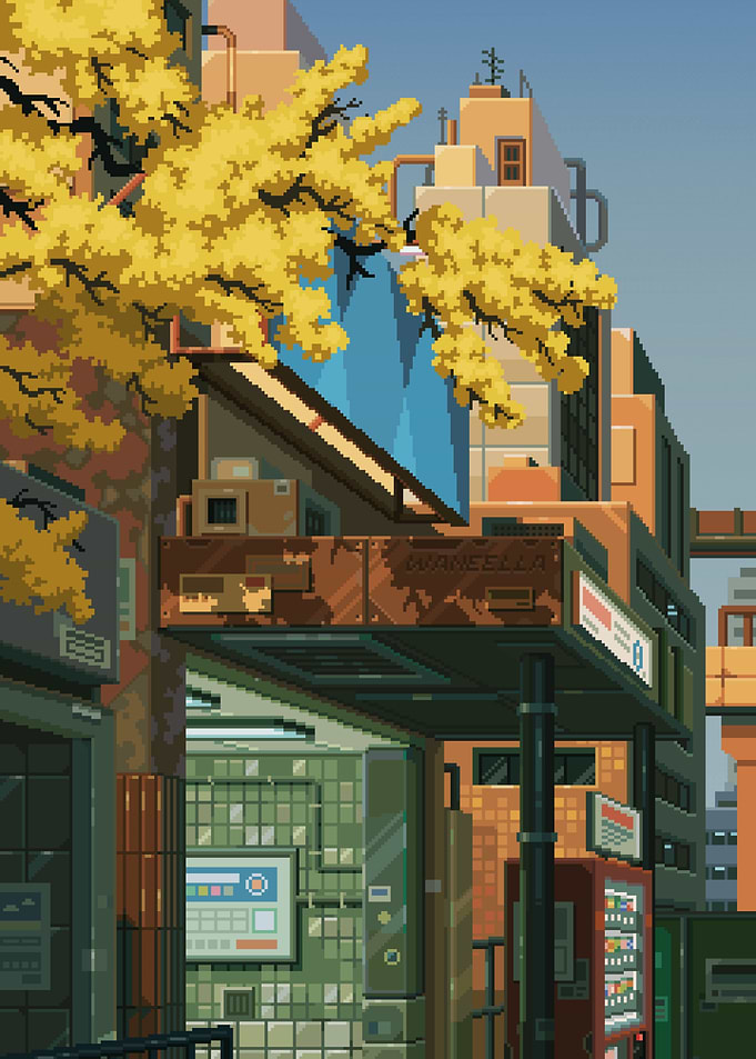 Pixel Art Cityscape with Autumn Tree
