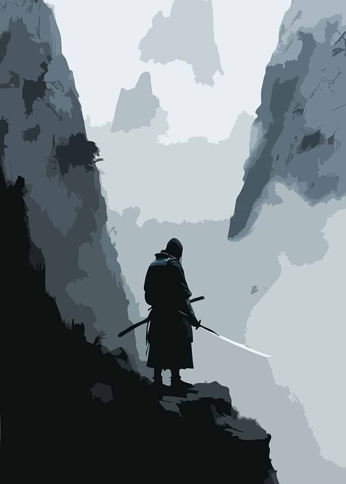 Lone Samurai in Mountain Landscape