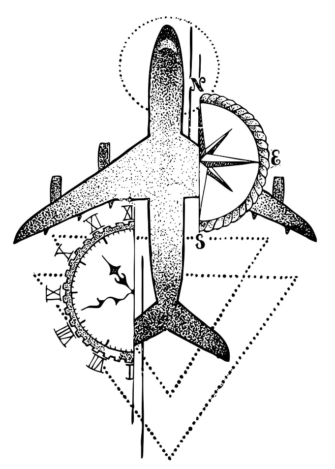 Airplane, Compass, and Clock Illustration