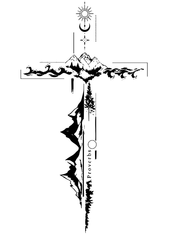 Mountain and Forest Cross Tattoo Design