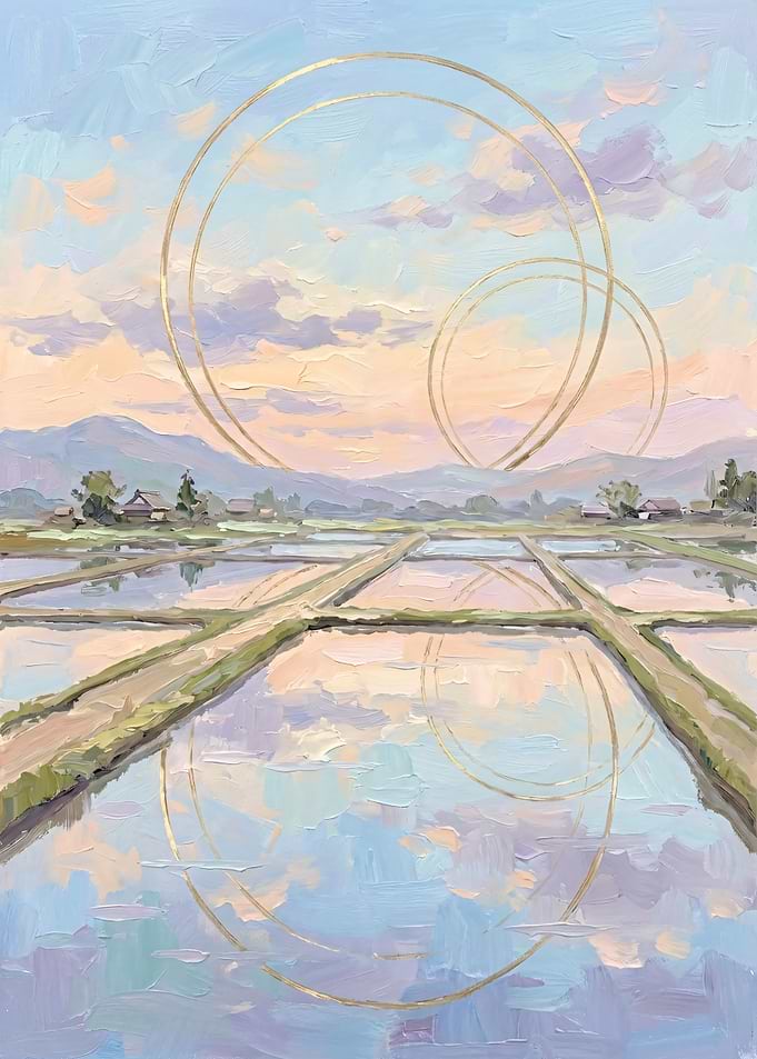Rice Fields with Reflective Water – Japanese Landscape Pastel Art