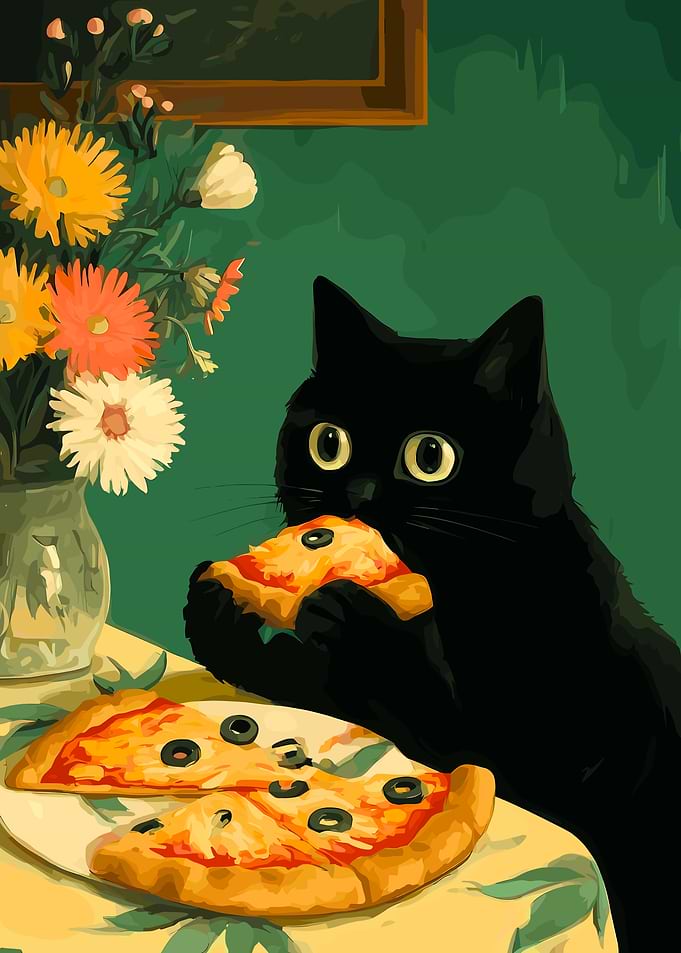 Black Cat Eating Pizza Art