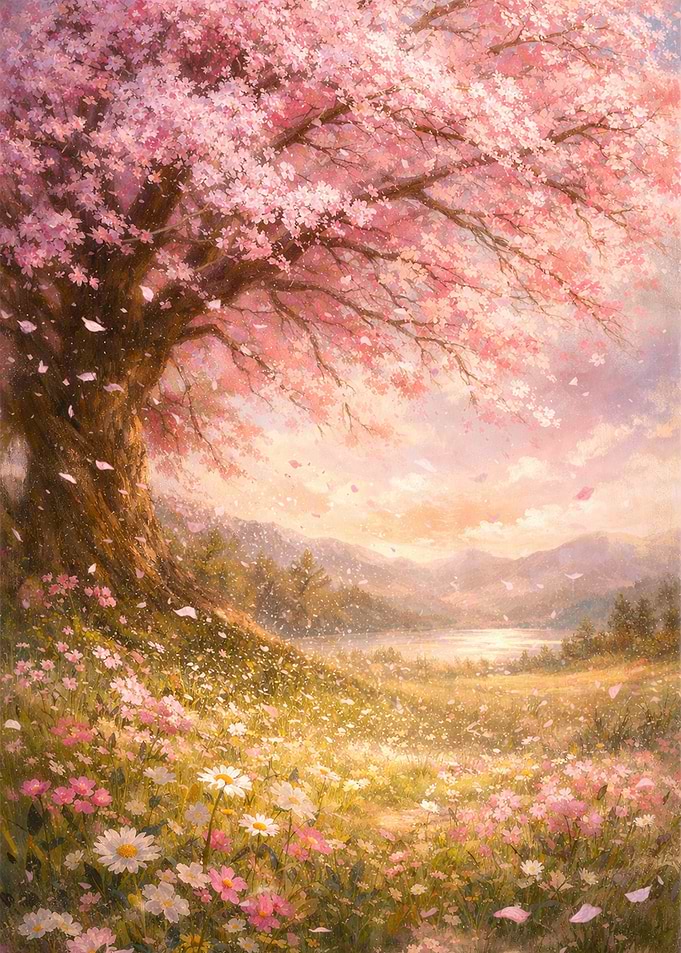 Cherry Blossom Tree in a Meadow